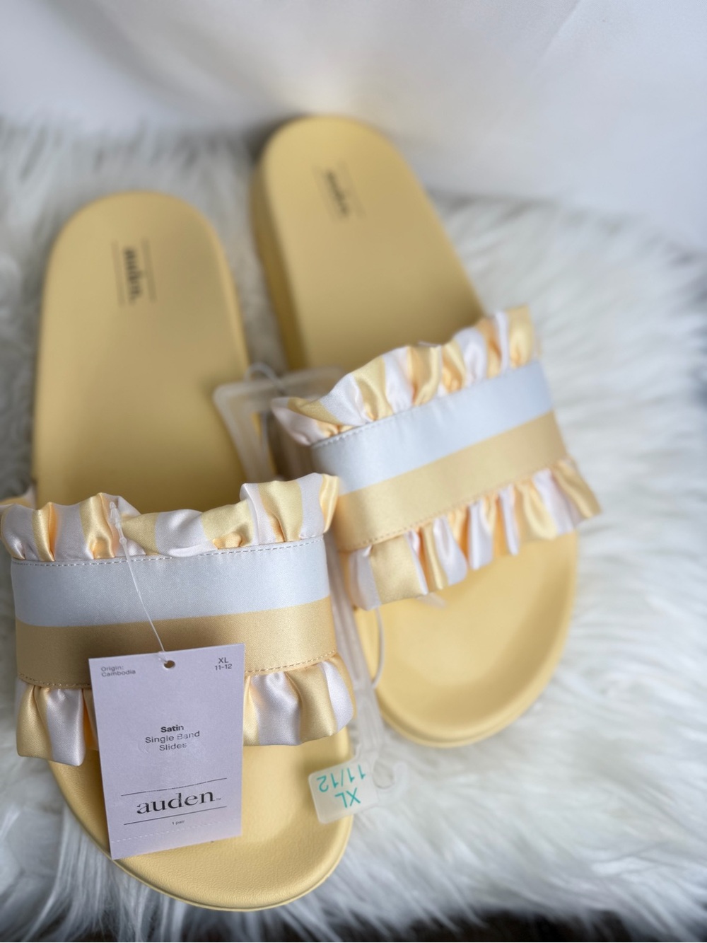 Auden Yellow Satin Ruffle Slide Sandals XL 11/12